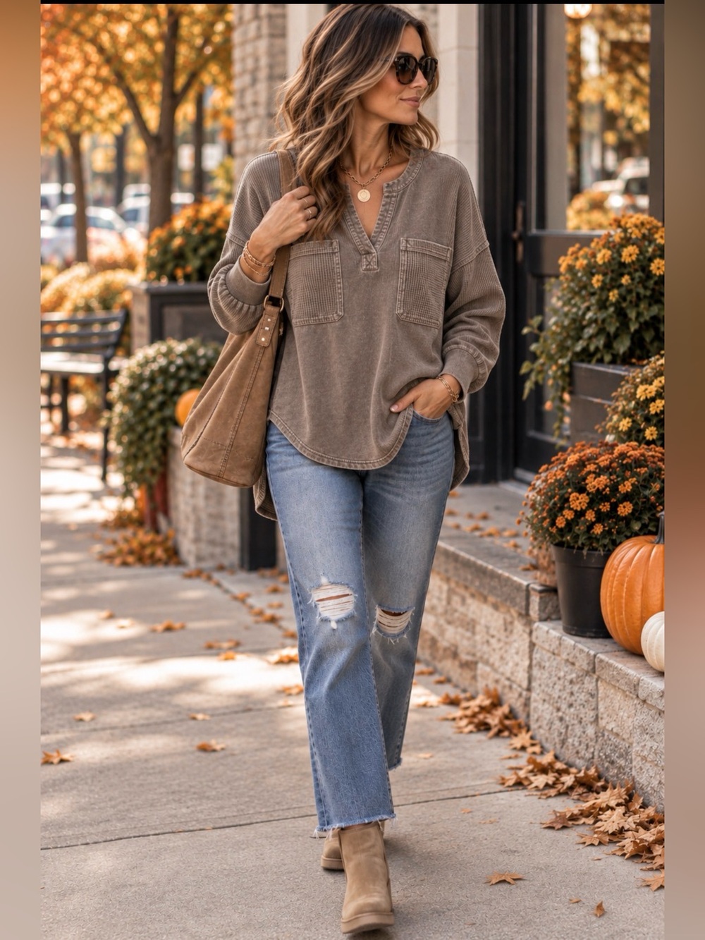 Jane + Delancey Vintage Wash Mixed Texture Tunic Top Taupe M